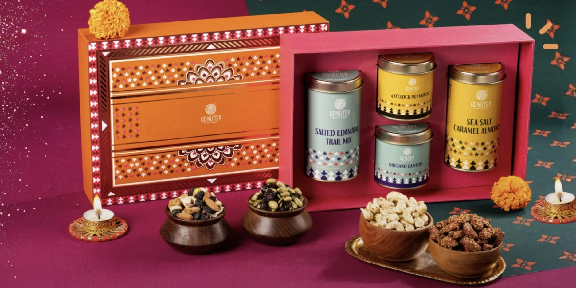 Gift baskets with assorted festive snacks and treats.